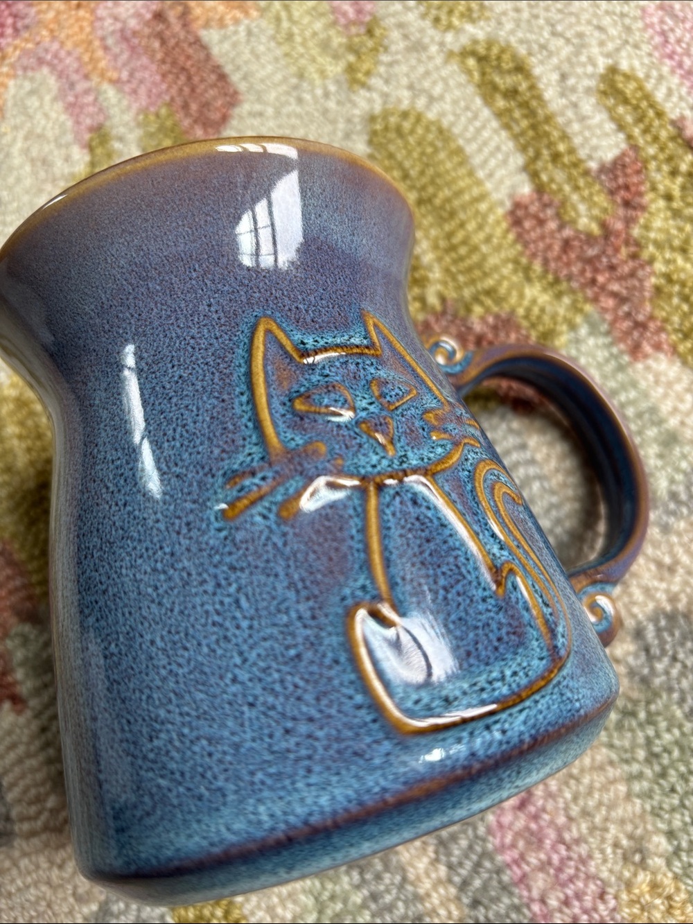 La Rochelle Kitty Cat Ceramic Studio Artisan Stoneware Folk Art Blue Glaze Mug - Picture 8 of 14